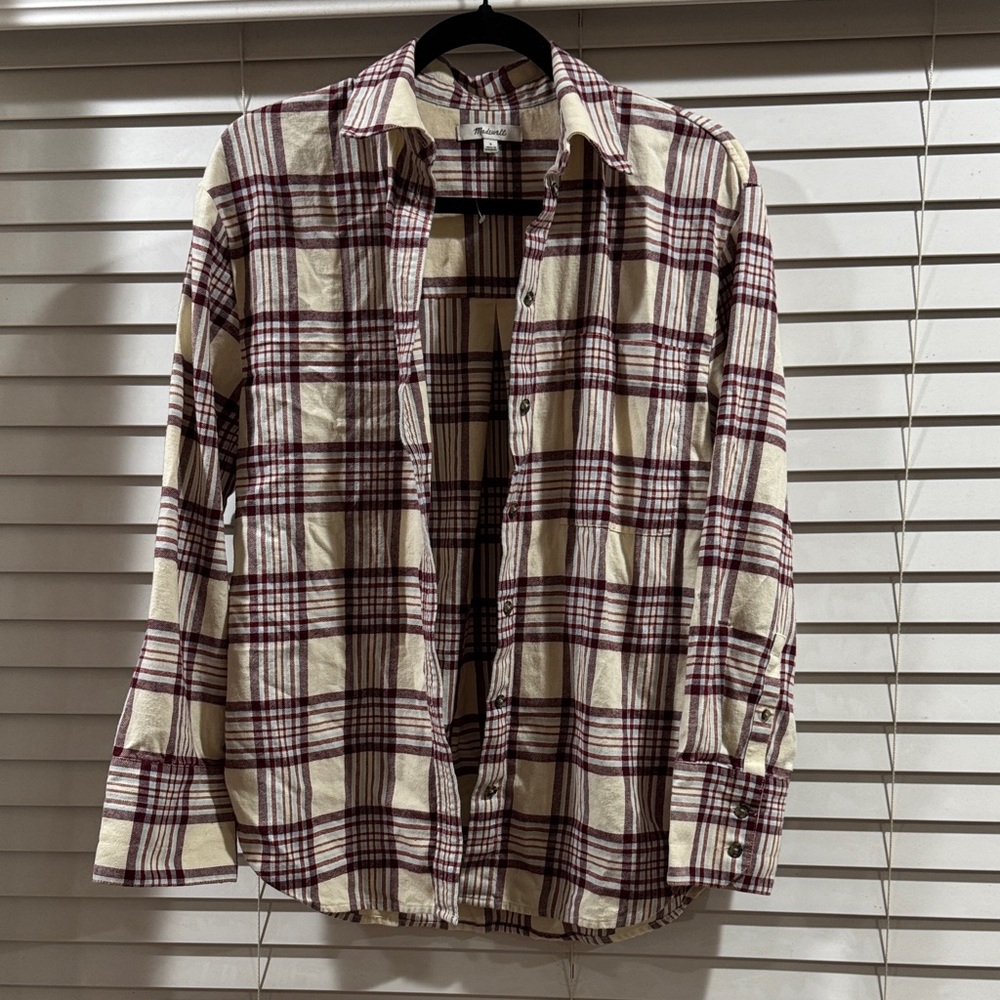 Madewell Cream and Burgundy Plaid Button-Up Shirt